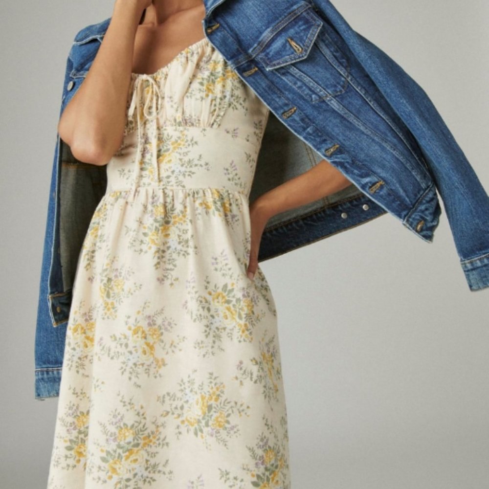 Lucky Brand Yellow Floral Mini Dress Ruffles Small